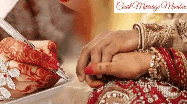 a bride and groom signing a document with the words court marriage mumbai below them