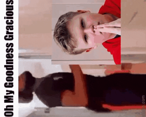 a boy in a red shirt is covering his nose with his hand and the words oh my goodness gracious are above him