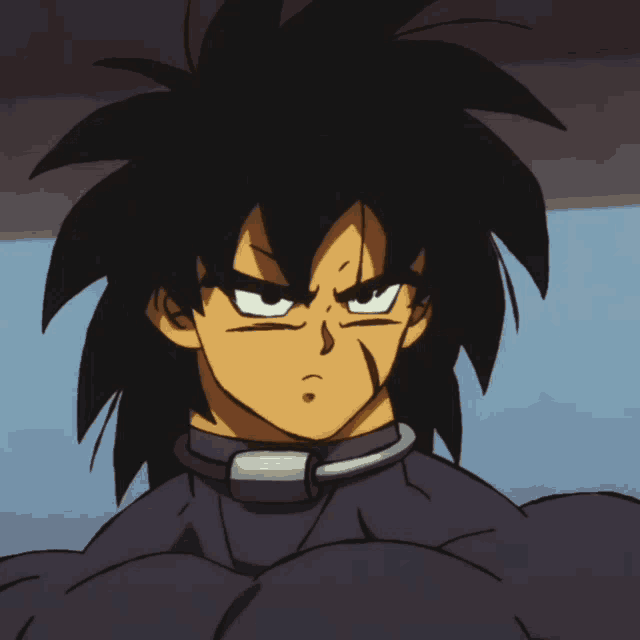 a cartoon character with black hair and a collar around his neck