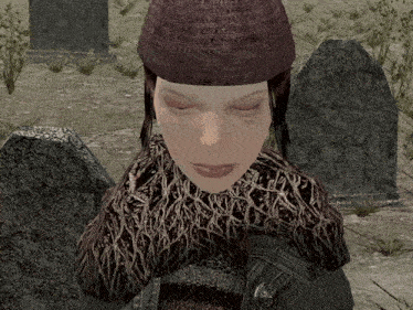 a woman with her eyes closed in a cemetery with graves