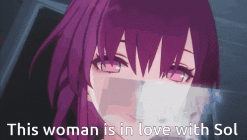 a purple anime girl with the words this woman is in love with sol below her