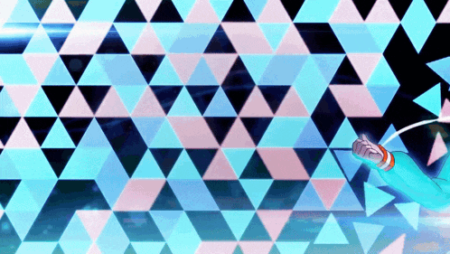 a blue and pink triangle patterned background with a hand reaching out