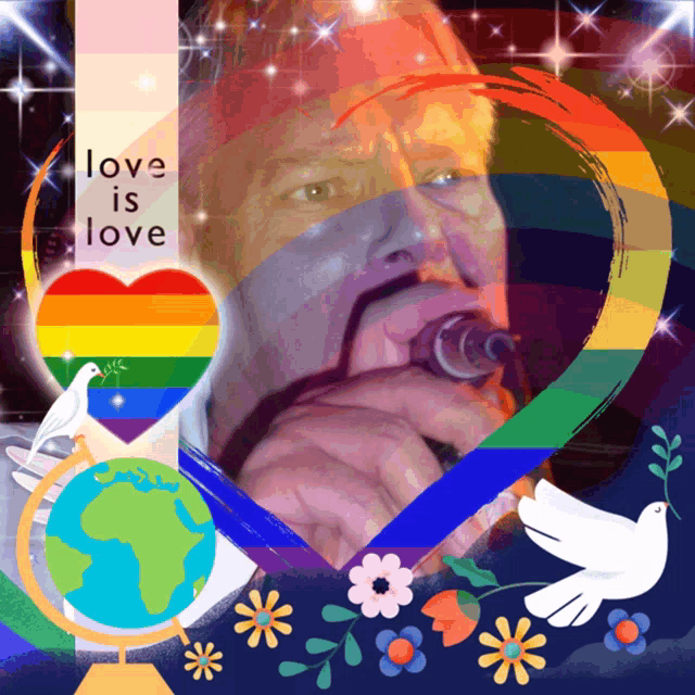 a picture of a man with a rainbow heart and the words love is love below him