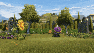 a cartoon scene with a sunflower and a purple plant in the foreground