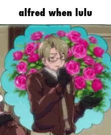 a man in a brown jacket is holding a bouquet of pink roses in his hand .