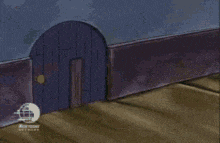 a cartoon character is standing in front of a door with a canadian network logo in the corner