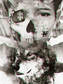 a black and white photo of a wolf and a skull with puzzle pieces on it
