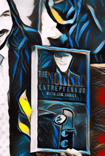 a painting of a man holding a framed book titled the unnoticed entrepreneur