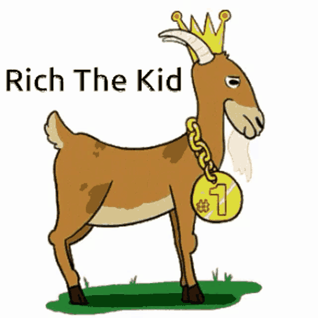 a cartoon of a goat wearing a crown and a gold medal with the words rich the kid written above it