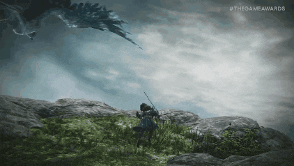 a person is standing in a field with a sword and a dragon flying in the background .