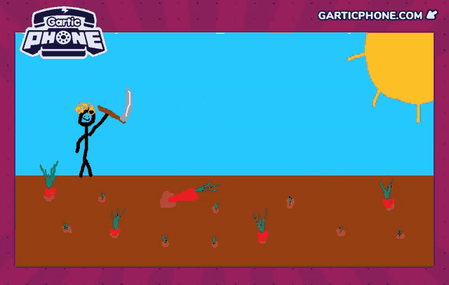 a drawing of a stick figure in a garden with garticphone.com in the corner