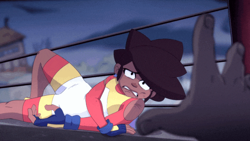 a cartoon character laying on the ground with a hand behind him