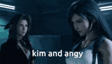 two women standing next to each other with the words kim and angy on the bottom right