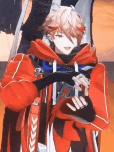a close up of a person wearing a red jacket and holding a hat in a video game .