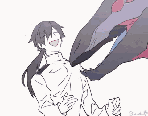 a black and white drawing of a man standing next to a large animal