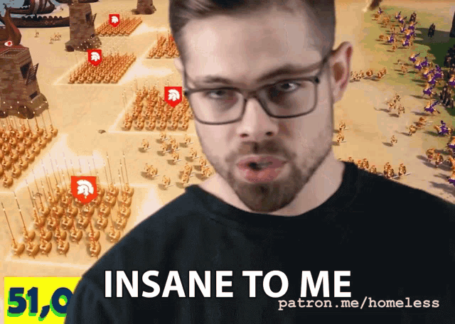 a man wearing glasses is standing in front of a video game screen that says insane to me