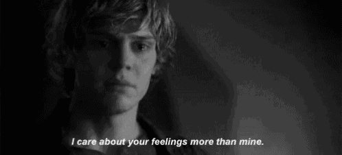 a black and white photo of a man with the words `` i care about your feelings more than mine ''