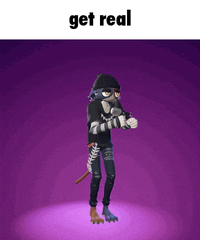 a cartoon character is standing in front of a purple background with the words `` get real '' written on it .