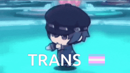 a cartoon character is dancing in front of a blue background that says " trans "