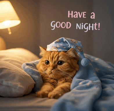 a cat wearing a sleep cap is wrapped in a blue blanket