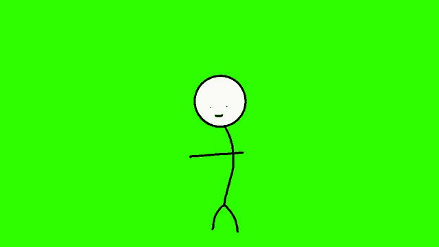 a stick figure is standing on a green screen with a smile on his face .