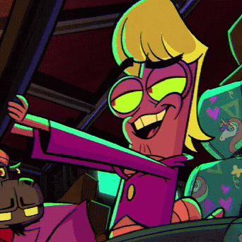 a cartoon character with a purple jacket and green eyes is smiling