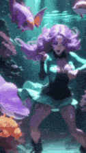 a woman with purple hair is swimming in the ocean with fish .