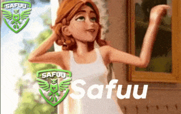 a cartoon girl is standing in front of a window with the word safuu on the bottom right