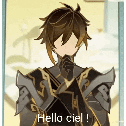 a cartoon character says hello ciel in front of a yellow background