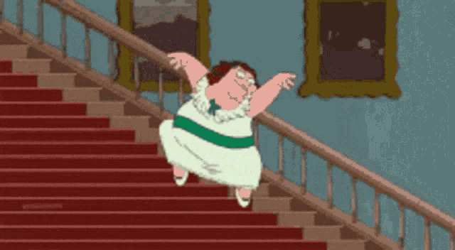 peter griffin from family guy is dancing on the stairs .