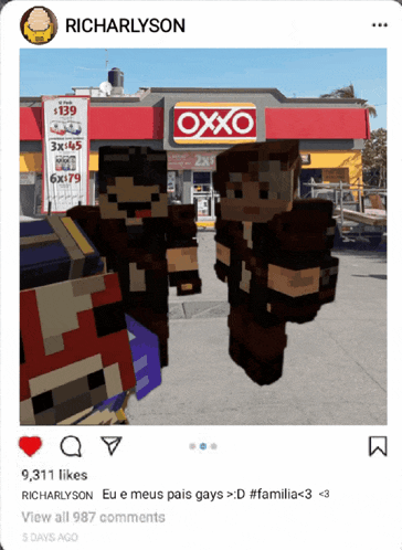 a picture of a group of minecraft characters standing in front of an oxxo