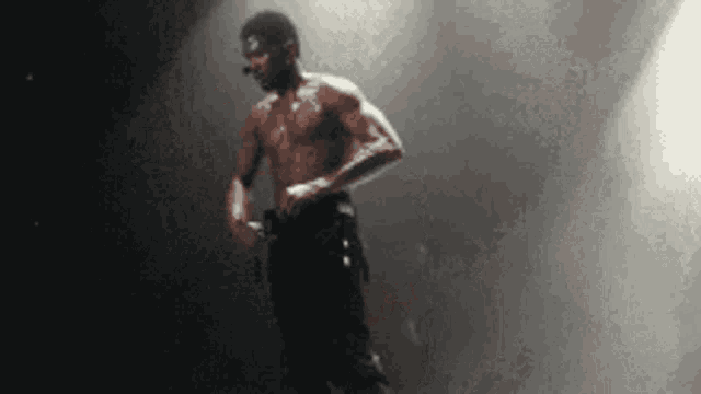 a man without a shirt is standing on a stage in front of a microphone .