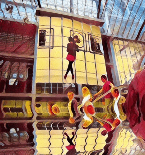 a painting of a woman standing in front of a building with a sign that says ' louis vuitton ' on the top