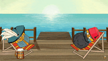 two cartoon characters are sitting on a dock with a mug of beer in front of them