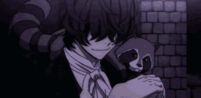 a man with horns is holding a raccoon and smiling