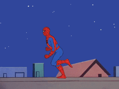 a cartoon of spider-man flying through the air with a building in the background
