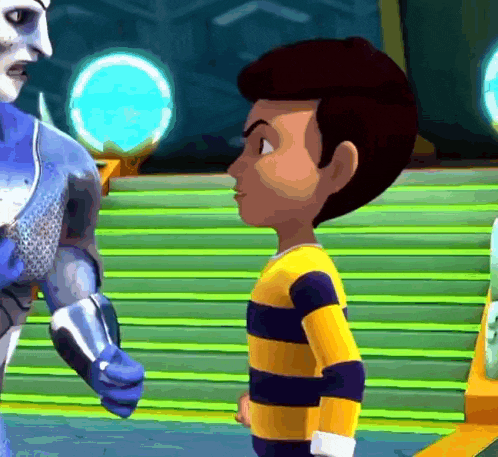 a boy in a striped shirt is talking to a robot