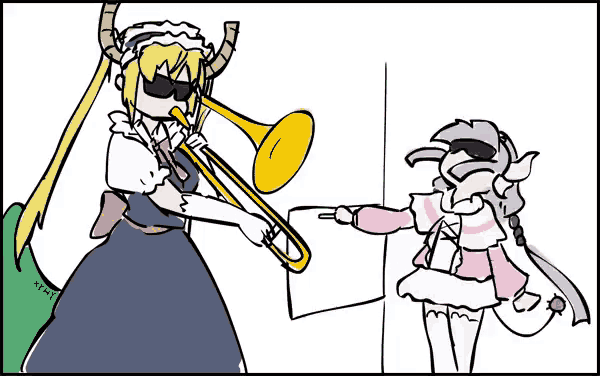 a cartoon of a girl with horns playing a trumpet next to another girl .