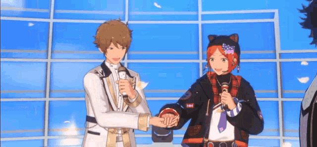 a couple of anime characters shaking hands in front of a window .
