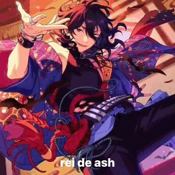 a man with long hair is sitting down with his hands in the air and the words rei de ash written on the bottom .