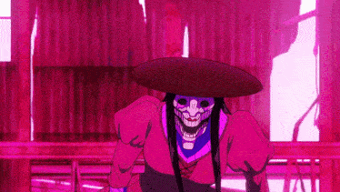 a cartoon drawing of a woman with a skull mask on her face