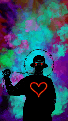 a silhouette of a person with a barbed wire ring around their neck