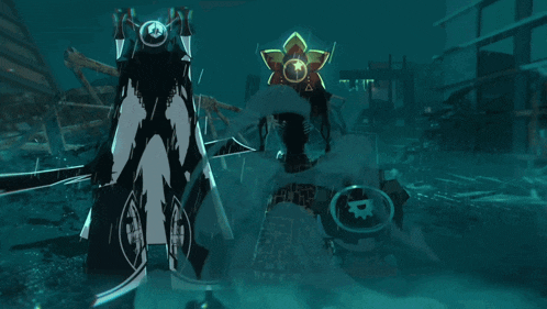 a cartoon character with a skull on his back is standing in the rain