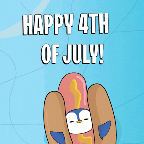 a happy 4th of july greeting card with a hot dog with a penguin inside