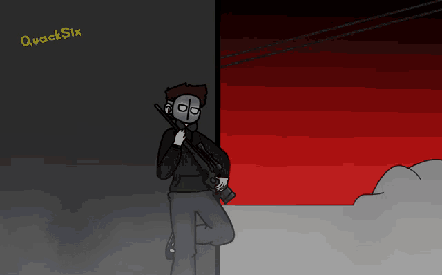 a cartoon of a man holding a gun with the name quacksix written on the bottom