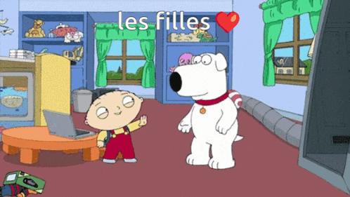 a cartoon of a boy and a dog with the words les filles on the bottom