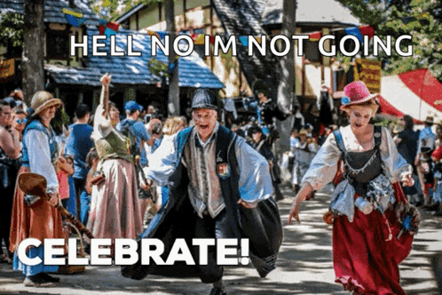 a man and woman are dancing in a crowd with the caption " hell no im not going "