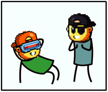 a cartoon of a man wearing a virtual reality headset talking to another man
