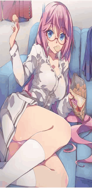 a girl with pink hair and glasses is sitting on a couch holding a bag of chips