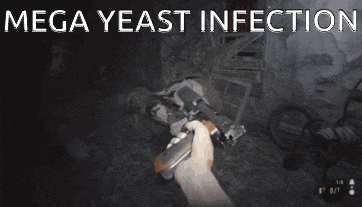 a person holding a gun with the words mega yeast infection written on the bottom